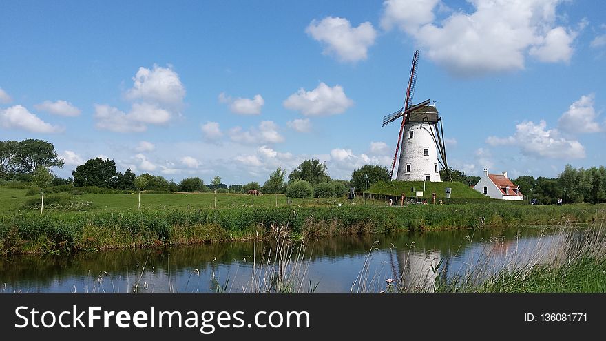 Windmill, Grassland, Nature Reserve, Waterway