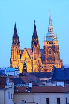 Colorful Prague Gothic Castle In The Night Stock Image