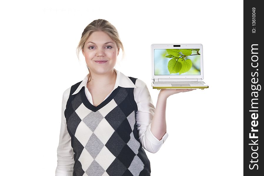 Attractive blond business woman isolated on a white background with laptop