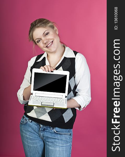 Blond Young Woman With Laptop