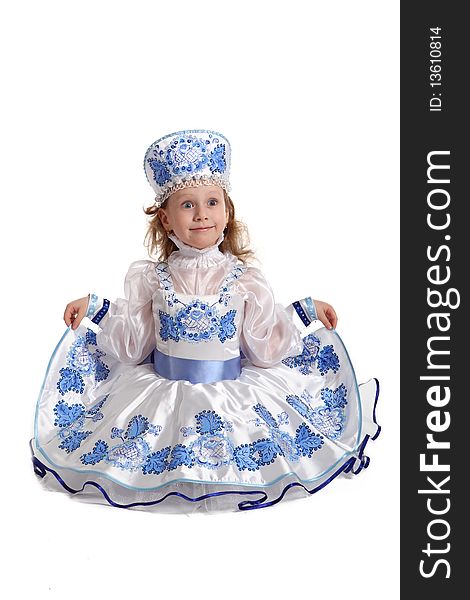 The young beautiful girl in a blue dress on white background