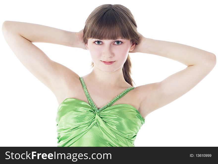 Lovely young green-eyes lady posing over white background