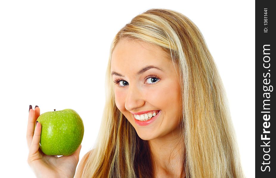 Pretty young woman with green apple.