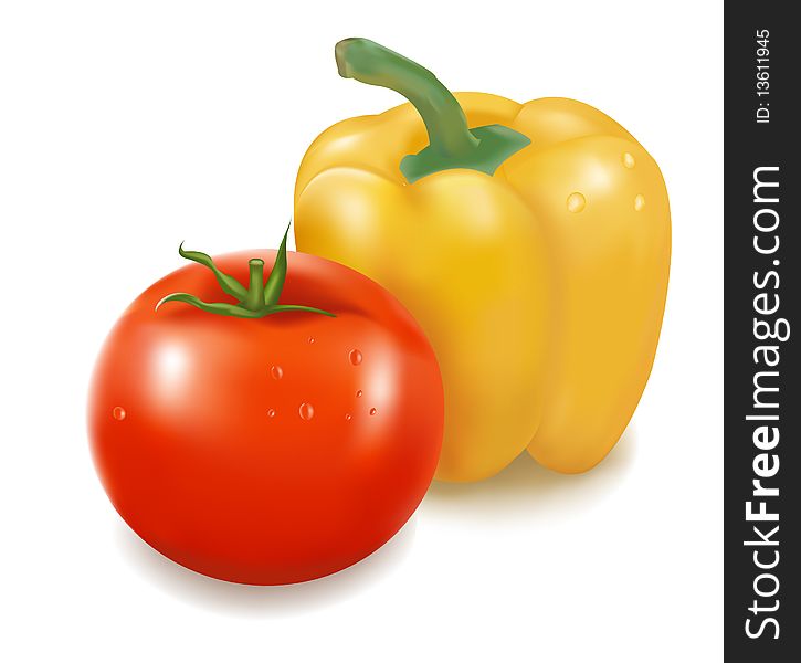 Photo-realistic illustration of the tomato with the yellow sweet pepper. Photo-realistic illustration of the tomato with the yellow sweet pepper.
