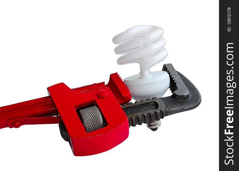 Power saving up bulb and adjustable spanner, isolated on white background