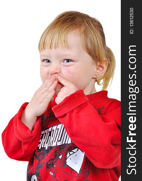 Child make funny faces on isolated background. Child make funny faces on isolated background