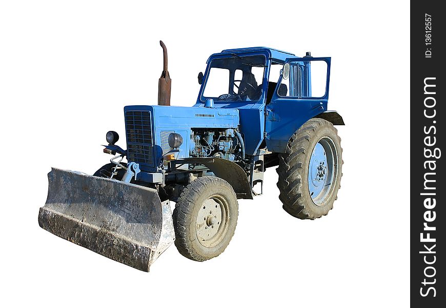 Old blue vintage tractor isolated over white