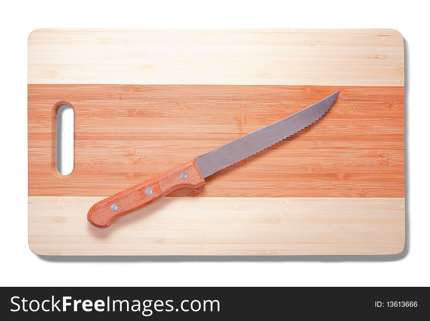 One knife with wooden handle over cutting board, isolated on white background. One knife with wooden handle over cutting board, isolated on white background