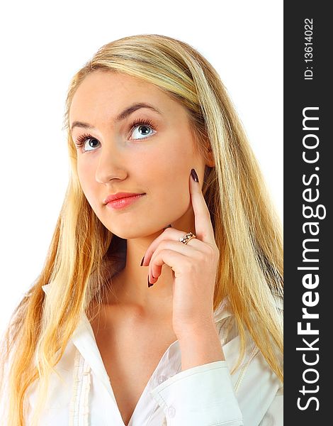 Beautiful young woman thinking on a white background