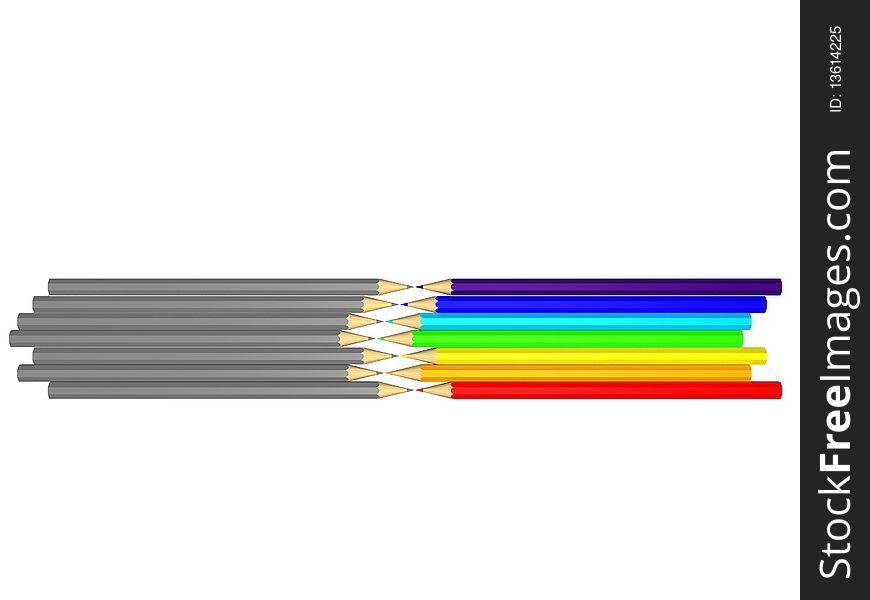 Colored pencils lie on a white background on against the gray pencil