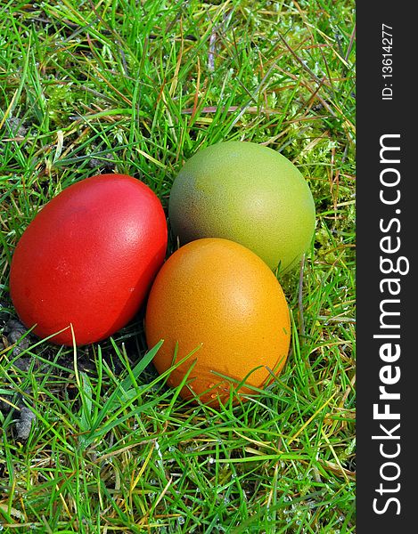 Three colored easter eggs on the grass