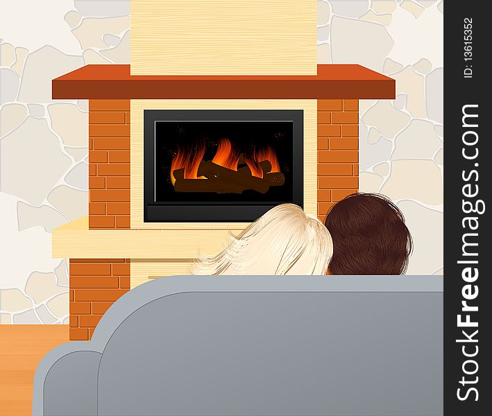 Couple sitting in front of fireplace, iilustration, AI file included