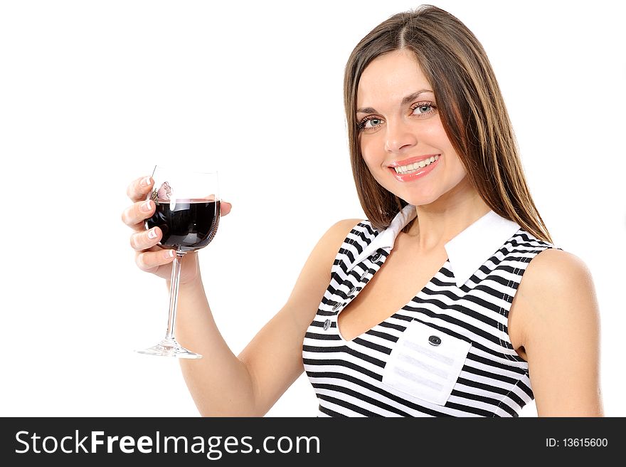 Portrait of beautiful woman with glass red wine,On a white background