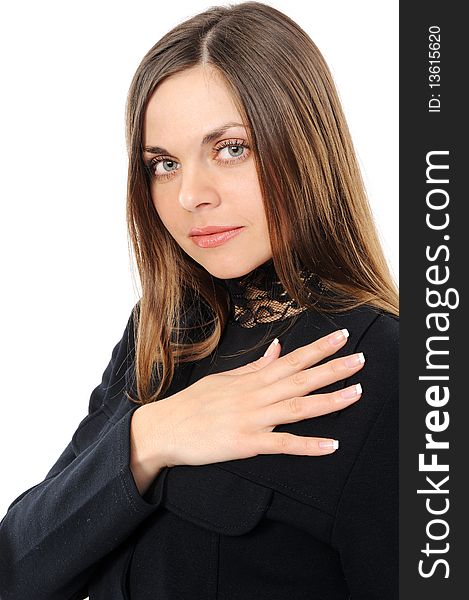 Positive young woman smiling over white background. Positive young woman smiling over white background