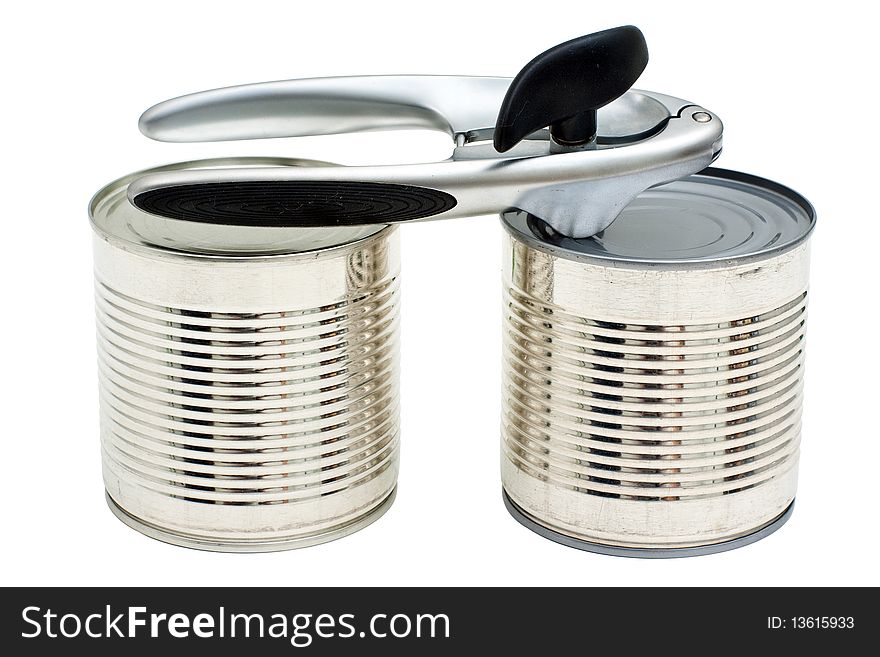 Metal cans and can-opener isolated on white background