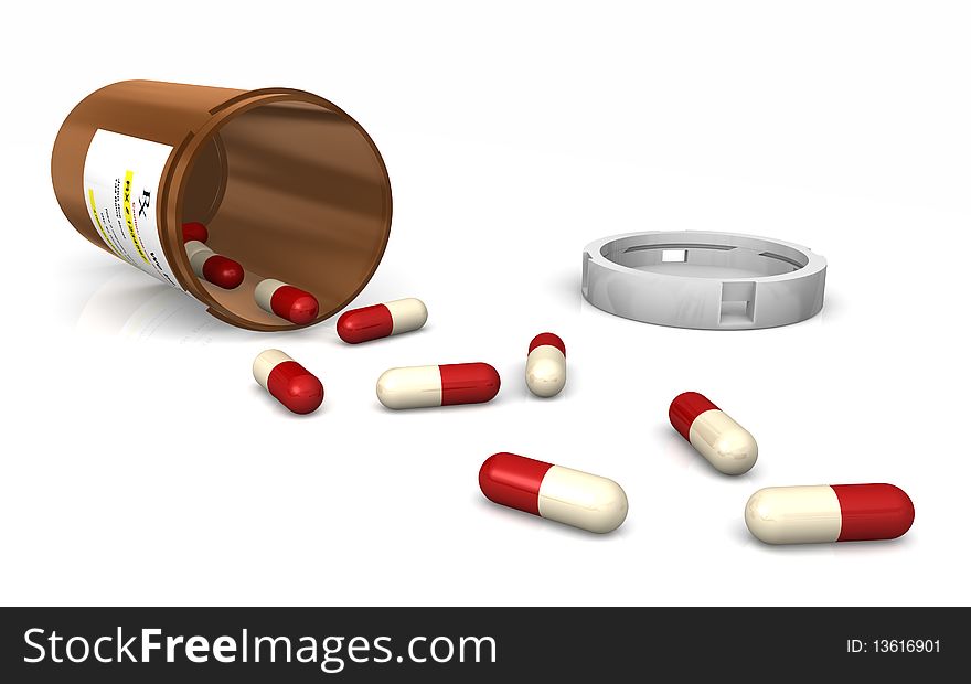 A prescription bottle tipped on it's side with capsules strewn about. Isolated on white. A prescription bottle tipped on it's side with capsules strewn about. Isolated on white