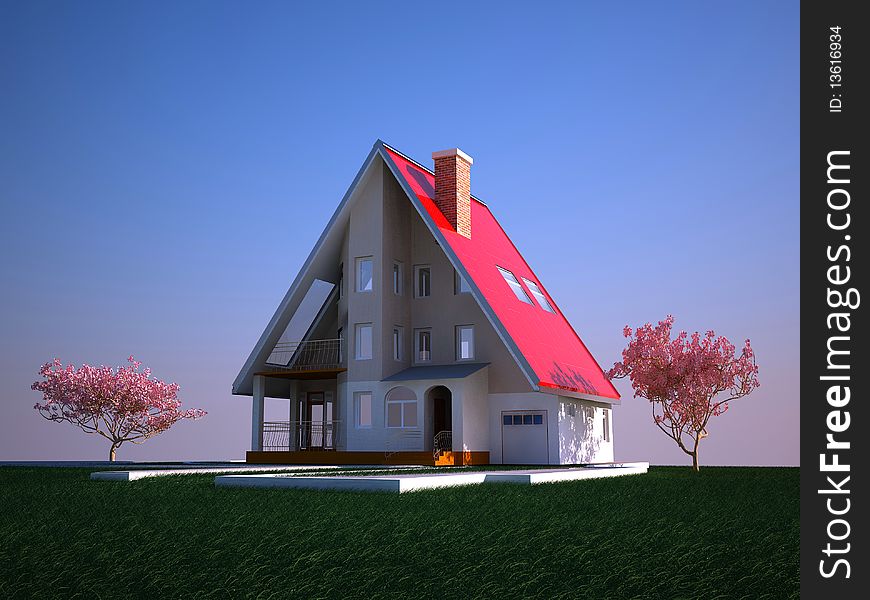 Modern cottage on a background of green grass