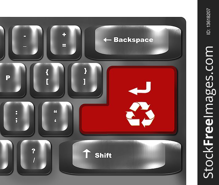 Red button with symbol  for recycling on keyboard