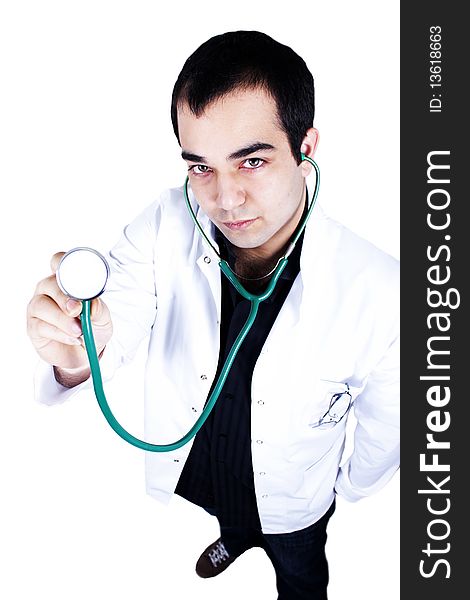 A doctor is looking to upwards as he holds a stethoscope in his hand. Image is over white background. A doctor is looking to upwards as he holds a stethoscope in his hand. Image is over white background.