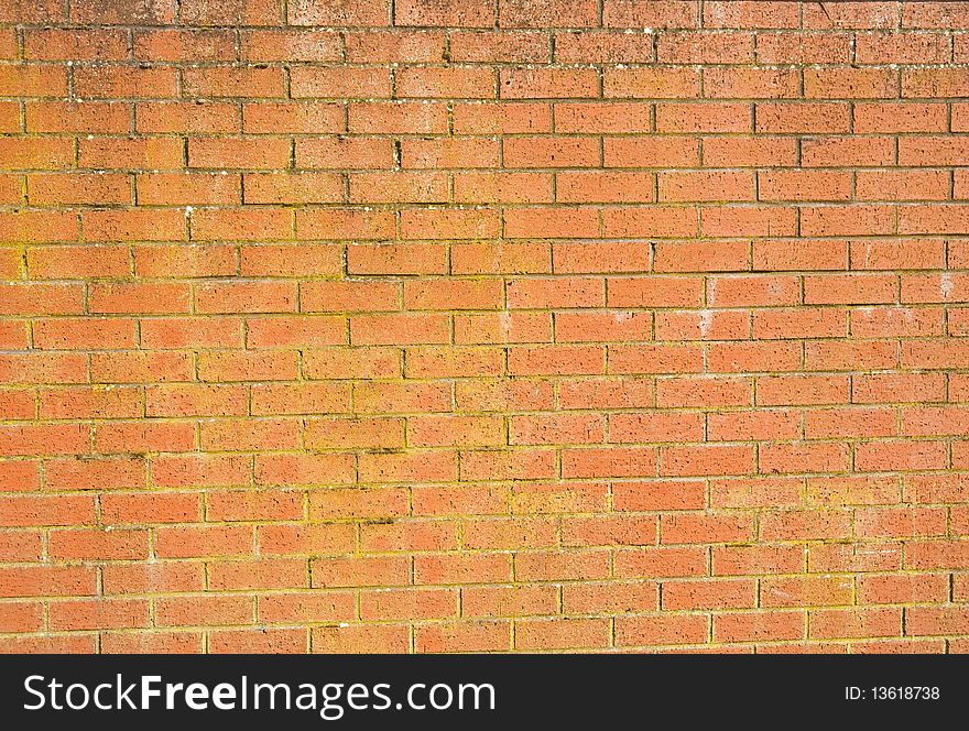 A detailed image of an orange  brick wall partly discolored by dampness over the years. A detailed image of an orange  brick wall partly discolored by dampness over the years.