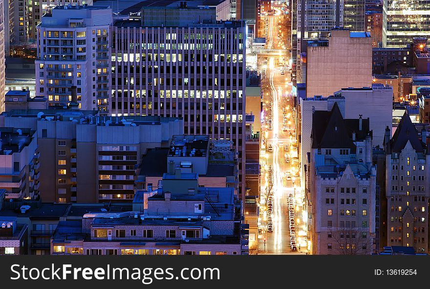 A birdseye view of beautifully lit downtown in Montreal. A birdseye view of beautifully lit downtown in Montreal