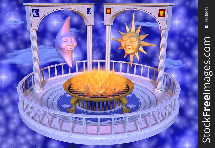 Metallic sun and moon figures, flaming brazier on a sky-borne marble platform. Metallic sun and moon figures, flaming brazier on a sky-borne marble platform