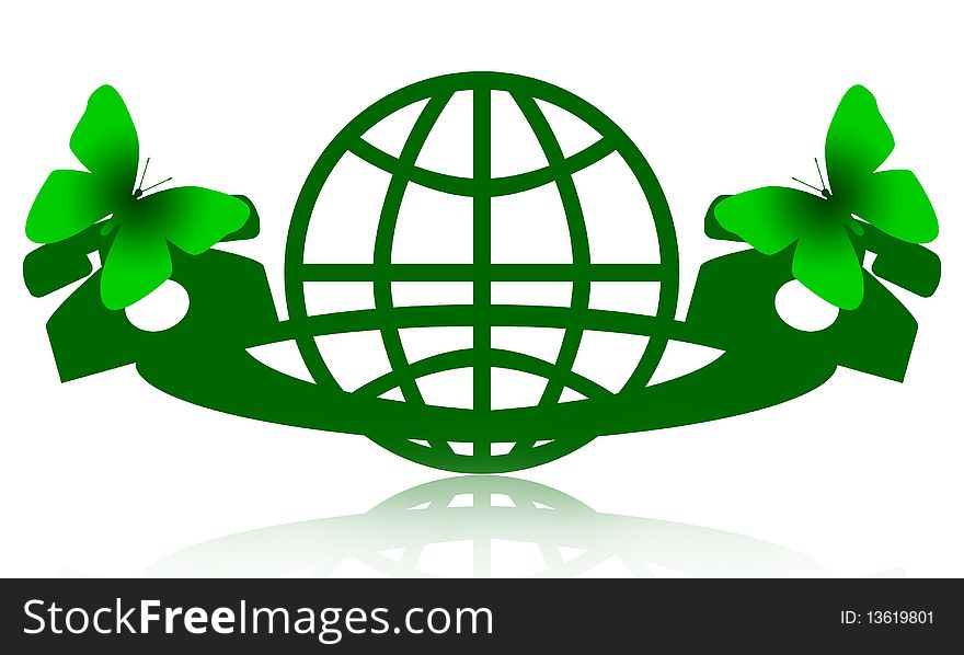Green global communication emblem with globe symbol, telephones and butterflies isolated over white background. Green global communication emblem with globe symbol, telephones and butterflies isolated over white background
