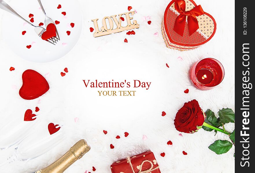 Valentine`s Day. Beautiful background greeting card with a rose. Selective focus