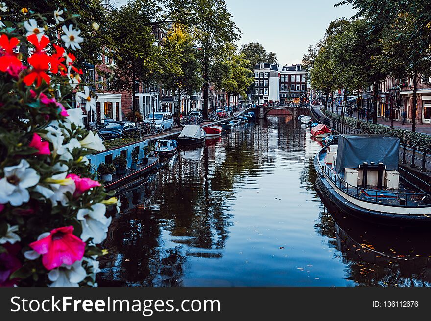 Bright flowers on a bridge over a beautiful tree-lined canal in the centre of Amsterdam, Netherlands.