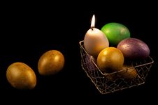 Still Life With Easter Eggs And Candle In Basket Royalty Free Stock Photography Still Life With Easter Eggs And Candle In Basket Royalty Free Stock Photography