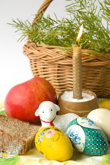 Easter Eggs A Candle And A Lamb Stock Image