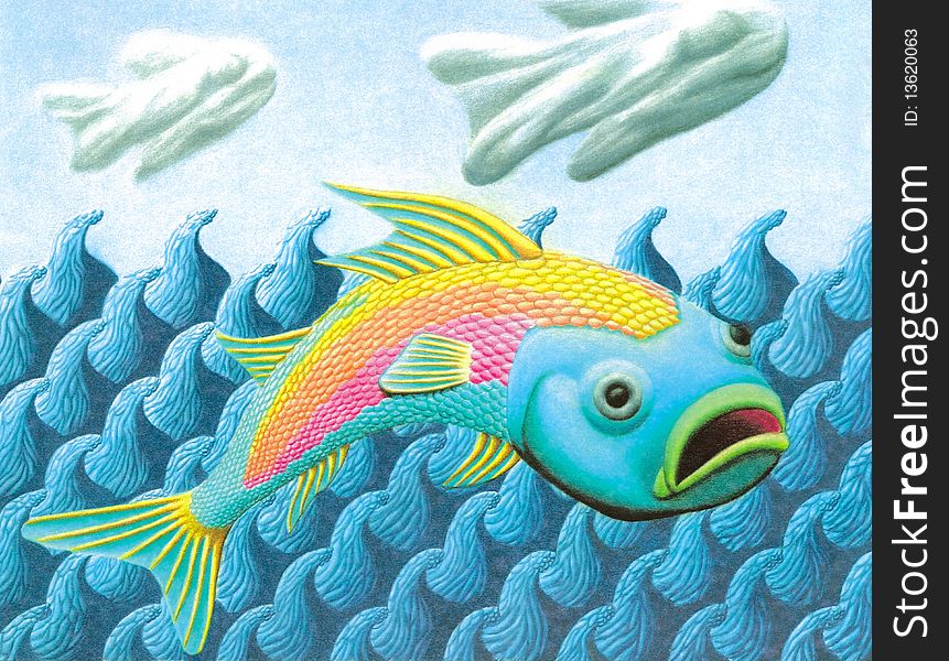 A colorful fish bounding over stylized tile waves. A colorful fish bounding over stylized tile waves
