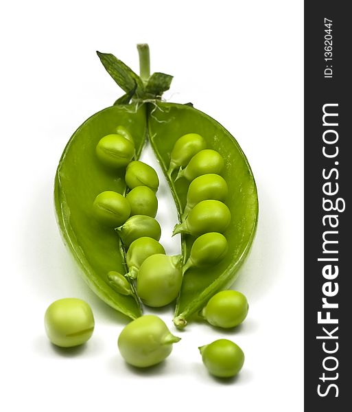 Fresh green pea in the pod isolated on white background. Fresh green pea in the pod isolated on white background