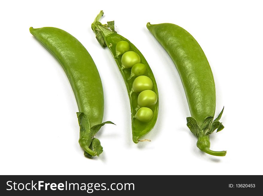 Fresh green pea in the pod isolated on white background. Fresh green pea in the pod isolated on white background