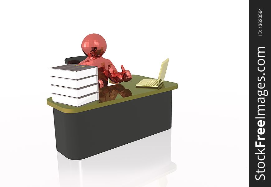 Red 3d mans at the table with books, white reflective background.