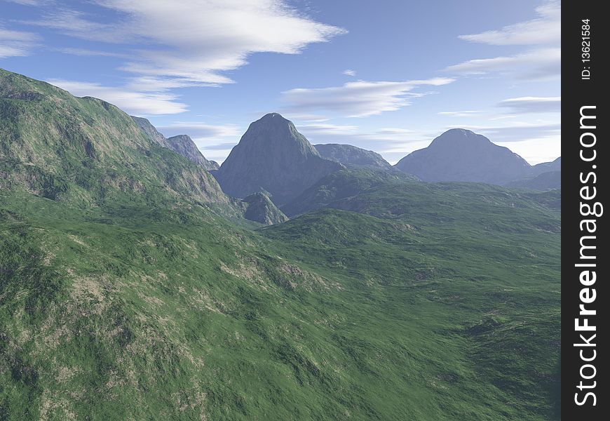 A computer generated mountain lake view