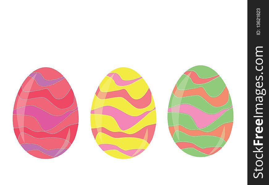 Three easter decorated eggs in red, yellow and green colors. Three easter decorated eggs in red, yellow and green colors