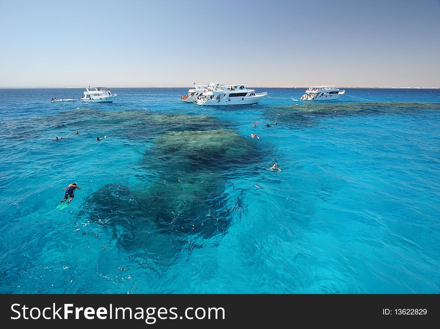 Picture of Boats and snorkeling people on a coral reef, Red Sea, Egypt.