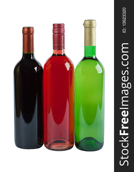 Bottles of red, pink and white wine isolated over white background