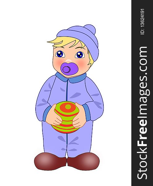 Toddler boy in boiler suit with dummy holding a 

ball. Toddler boy in boiler suit with dummy holding a 

ball.