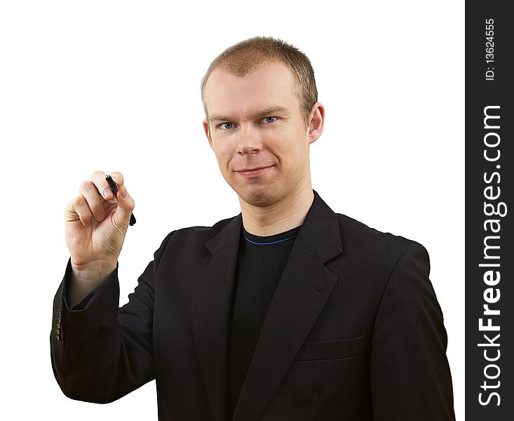 Young business man with pen, on white background. Young business man with pen, on white background