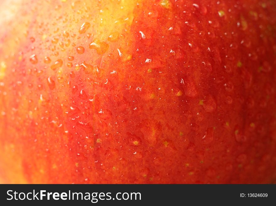 Closeup of a juicy apple rind covered by water drops. Closeup of a juicy apple rind covered by water drops.