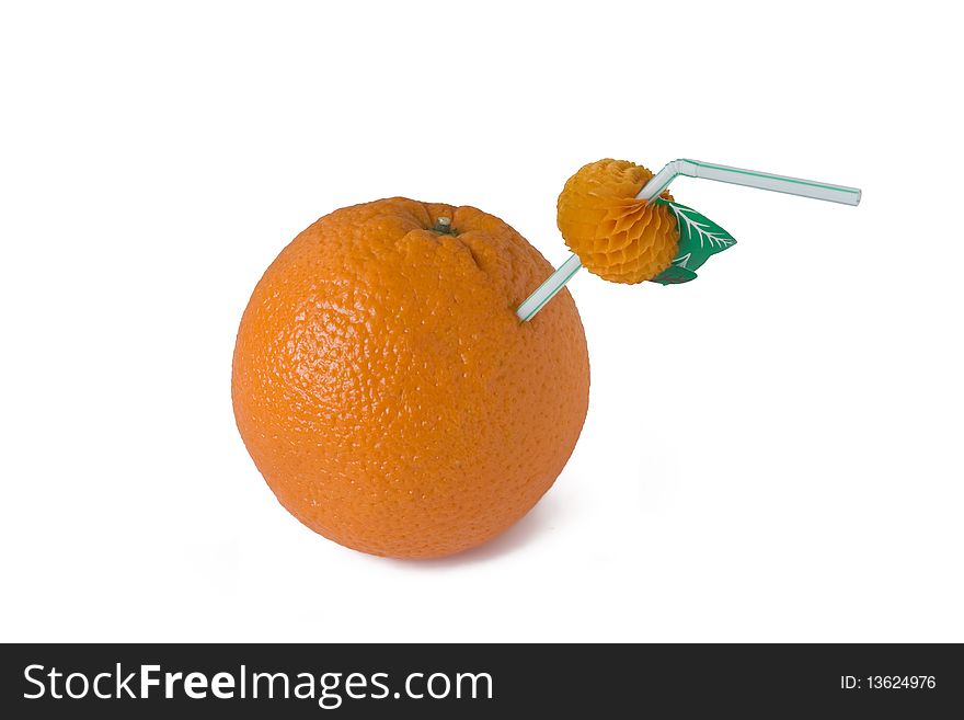 Large ripe orange with tube for a cocktail on a white background