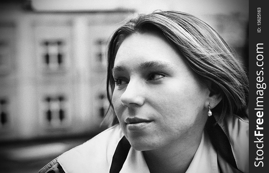 Portrait of young woman somewhere in Poland in black and white, grain visble