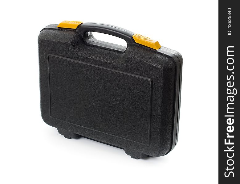 Plastic black case with tools isolated on white