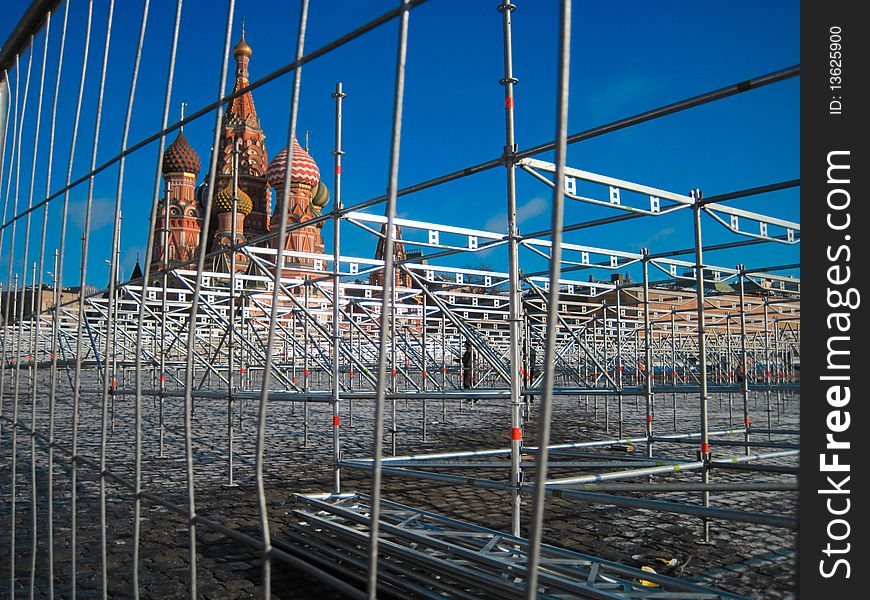 Cityscape. Country Russia. City of Moscow. Church of St. Basil fenced with metal structures. Cityscape. Country Russia. City of Moscow. Church of St. Basil fenced with metal structures.