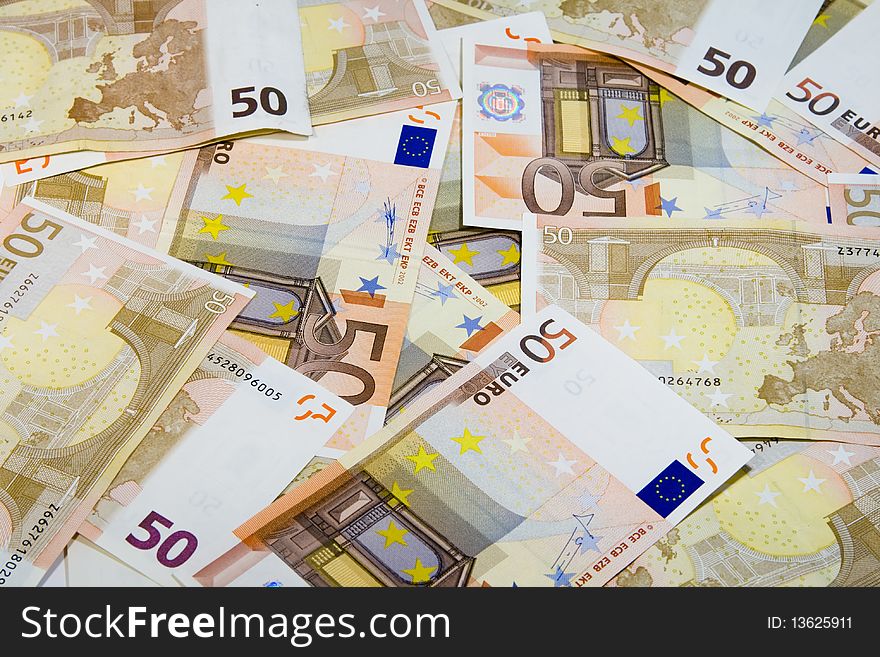 Bunch of European fifty euro bills. Bunch of European fifty euro bills