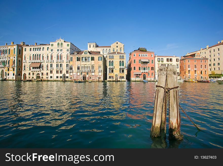 View of Venetian townhouses from across the water, venice, italy