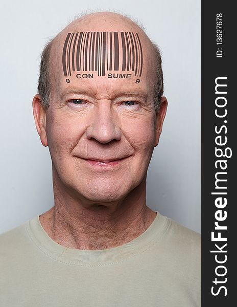 Happy and ignorant consumer with a bar code on his forehead. Happy and ignorant consumer with a bar code on his forehead