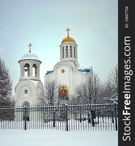 Orthodox cathedral covered by hoarfrost in Saint-Petersburg. Orthodox cathedral covered by hoarfrost in Saint-Petersburg
